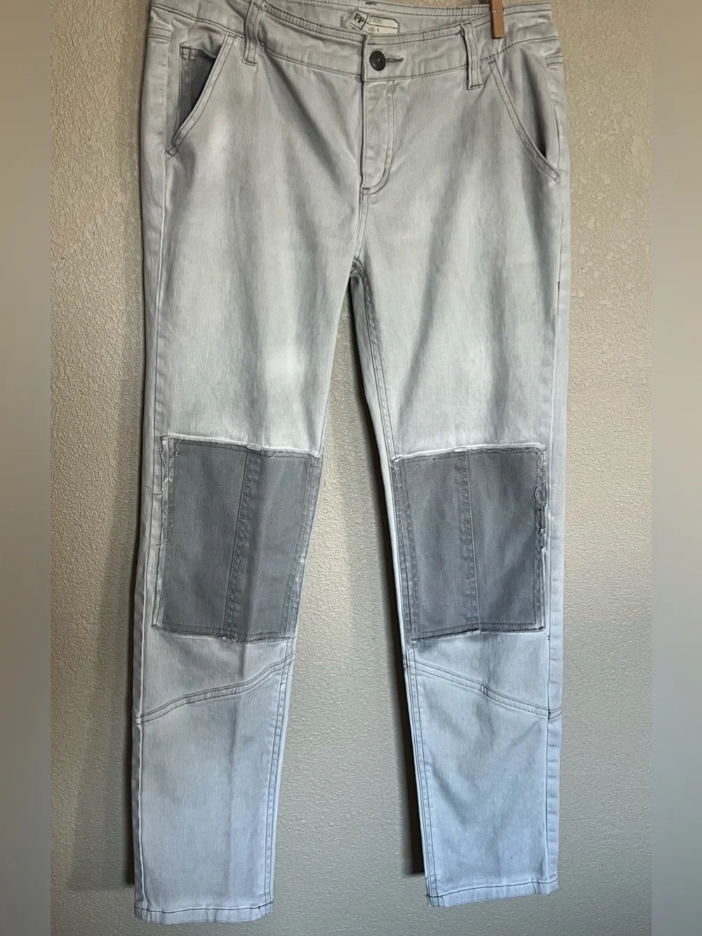 Free People Men's Two-Tone Light Gray Patch Jeans